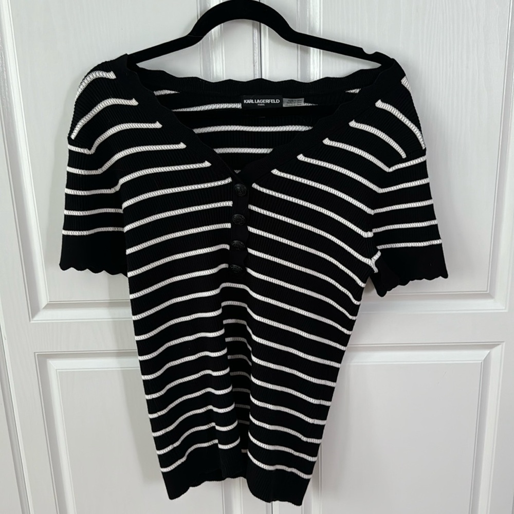 Karl Lagerfield, black and white striped short sleeved sweater